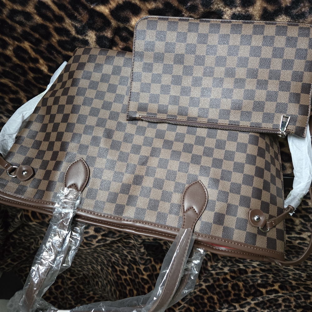 Spacious Brown Checkered Tote with Faux Leather Accents And Matching Wristlet